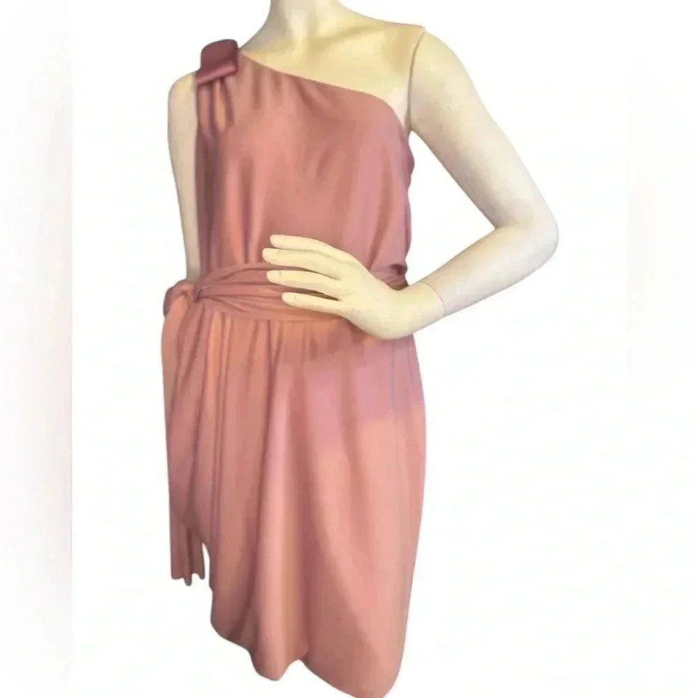 Vera Wang Bride's Maid Dress Light Pink Tie Bow Draped One Shoulder Sz 12. A1